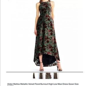 Aidan Mattox Metallic Velvet Floral Burnout High Low Maxi Dress Gown Size 2 NEW